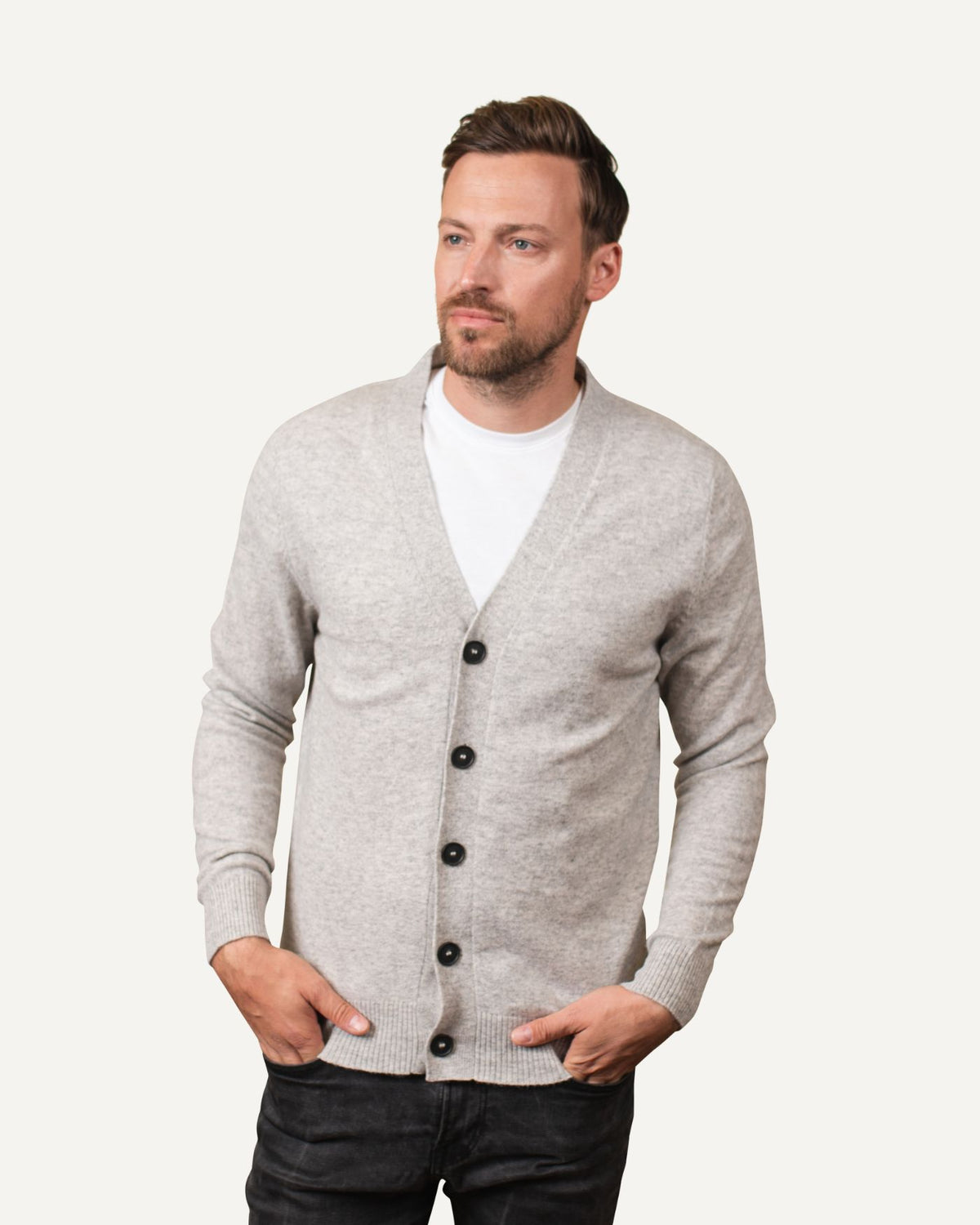 Mens cashmere cardigan in light grey by MOGLI & MARTINI #colour_wolf_grey