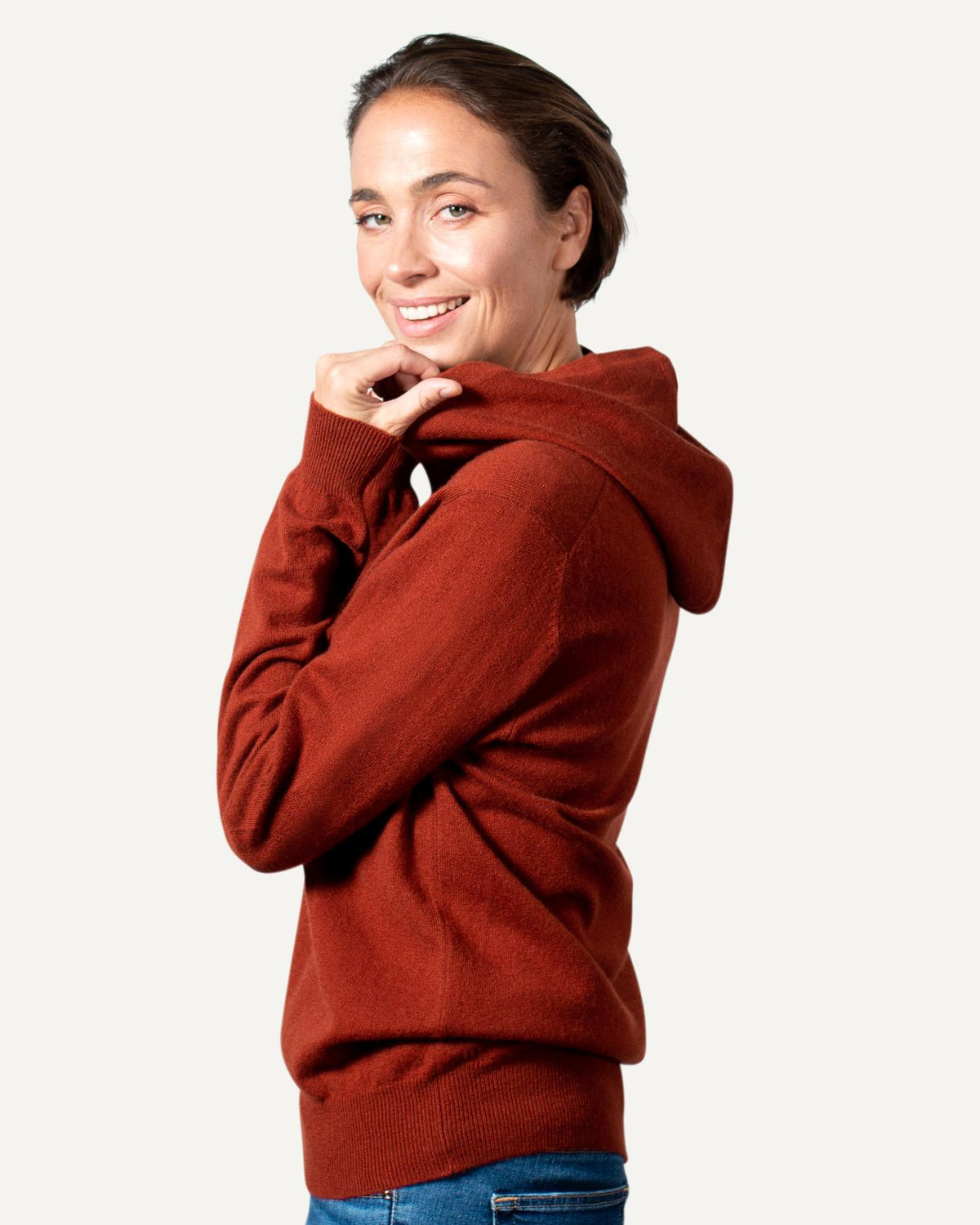 Ladies cashmere hoodie in orange by MOGLI & MARTINI #colour_bronze